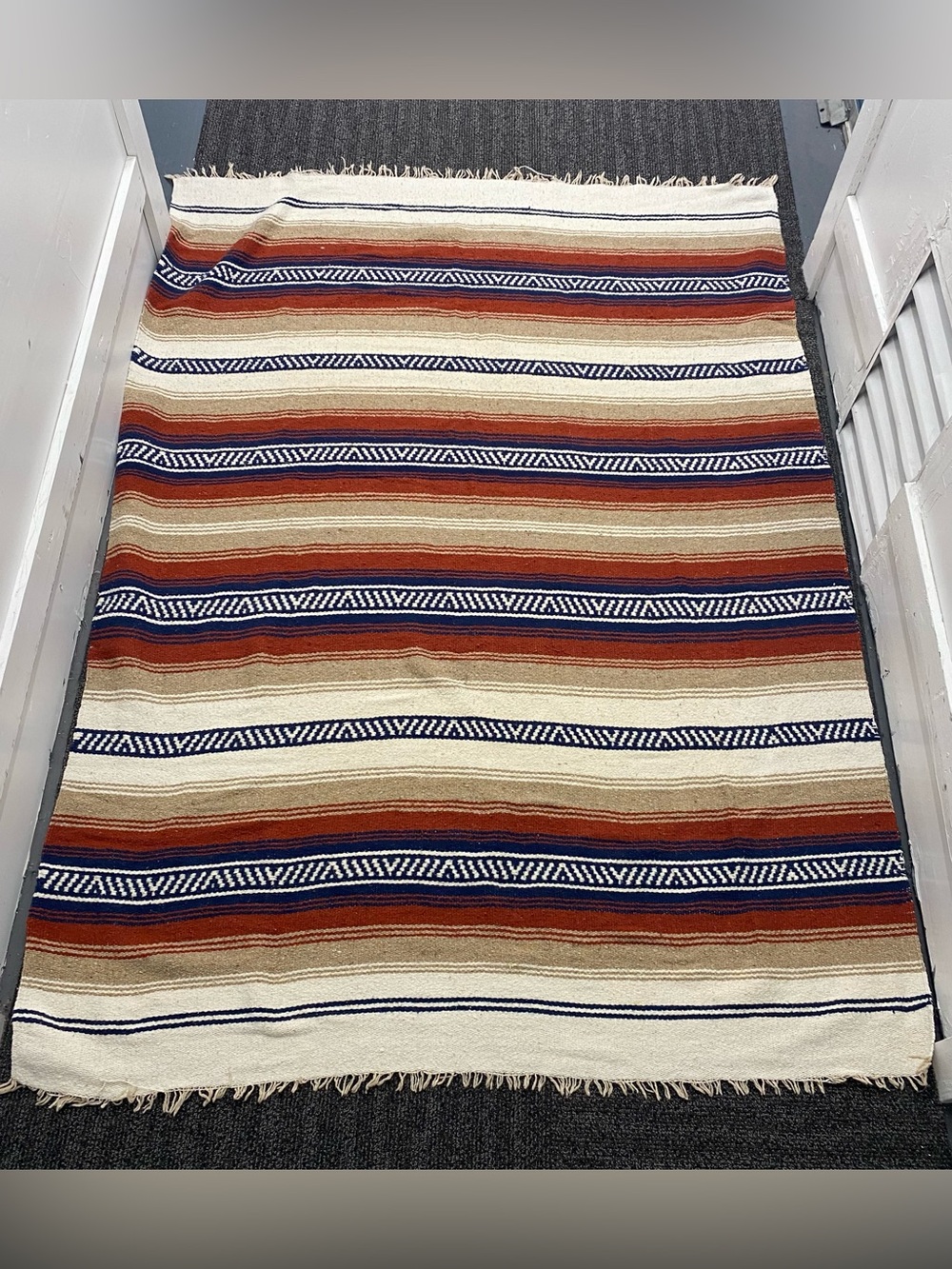 Hand Woven Mexican Blanket Stripe Brown Red Blue Sarape Yoga Throw Falsa 83x58